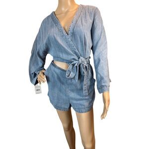 Free People Marlin Chambray One-Piece Shorts Romper Bell Sleeve Jumpsuit Size S